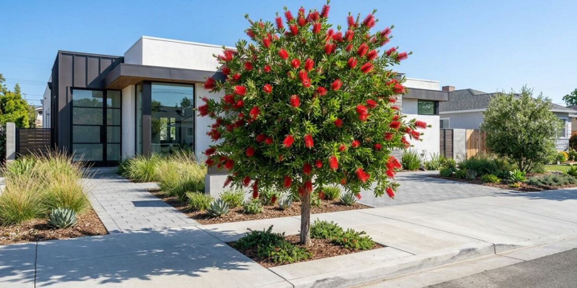 Essa árvore é ideal para a frente de casa: não racha o piso, proporciona sombra pendente e dá flores vermelhas radiantes