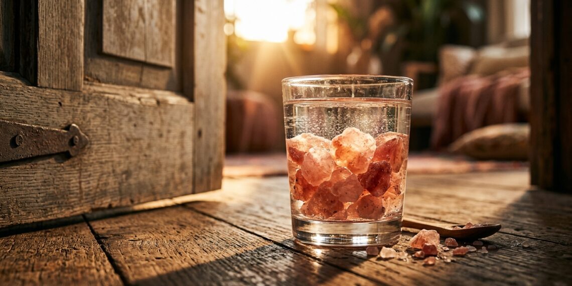 Água com sal rosa no vidro a simpatia utilizada para limpeza de bloqueios energéticos