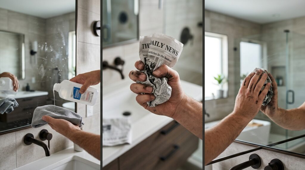 Hand_cleaning_mirror_with_newspaper_202607271420-1024x572 Espelho do banheiro embaça todo dia e você só usa pano: o truque do jornal que resolve em 2 minutos