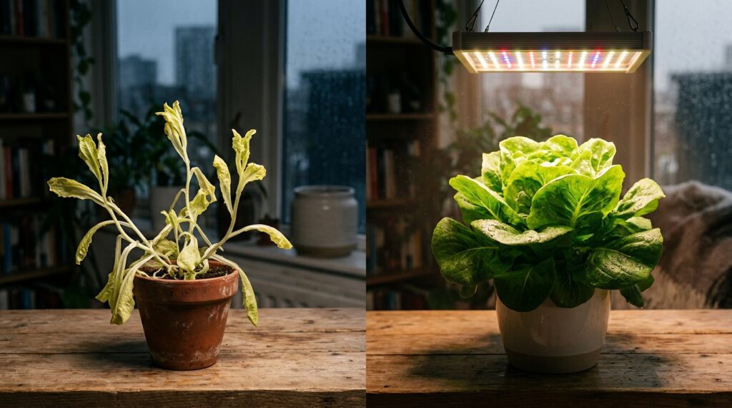 Apartamento sem janela e luz natural? Alface cresce saudável e vigor com lâmpada LED 20W
