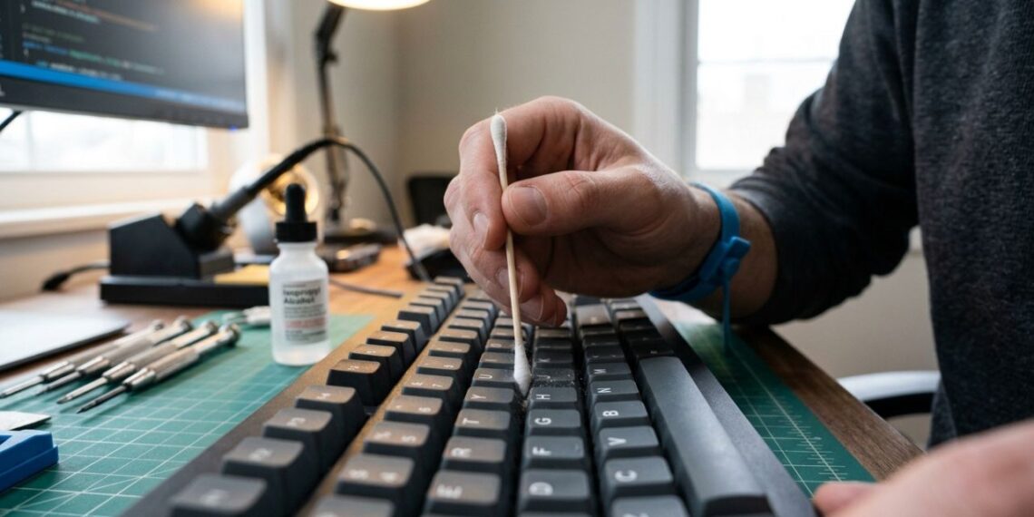 Esqueça o uso de água ou produtos multiuso que podem causar curto-circuito no seu equipamento: o truque do cotonete com álcool isopropílico que elimina a gordura e higieniza teclados e controles sem danificar os componentes eletrônicos