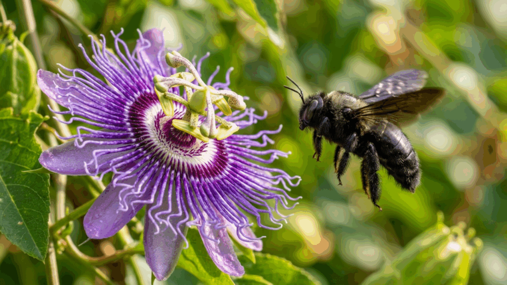 Se você ouvir este zumbido grave rondando a flor do maracujá de manhã, nós lhe contamos o que isso significa e por que é um bom sinal