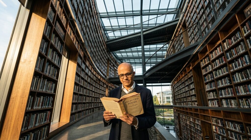 Frase do Dia de Satya Nadella: "Inteligência é curiosidade. Aqueles que aprendem mais, vencem mais." Uma reflexão sobre mentalidade de aprendizado e vantagem competitiva