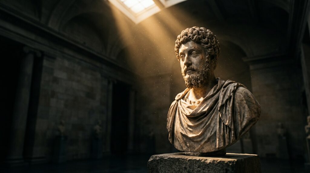 Frase de Marcus Aurelius no dia: "Você tem poder sobre sua mente, não sobre eventos externos. Realize isso e você encontrará força." Uma reflexão sobre controle pessoal e liberdade em tempos de ansiedade digital