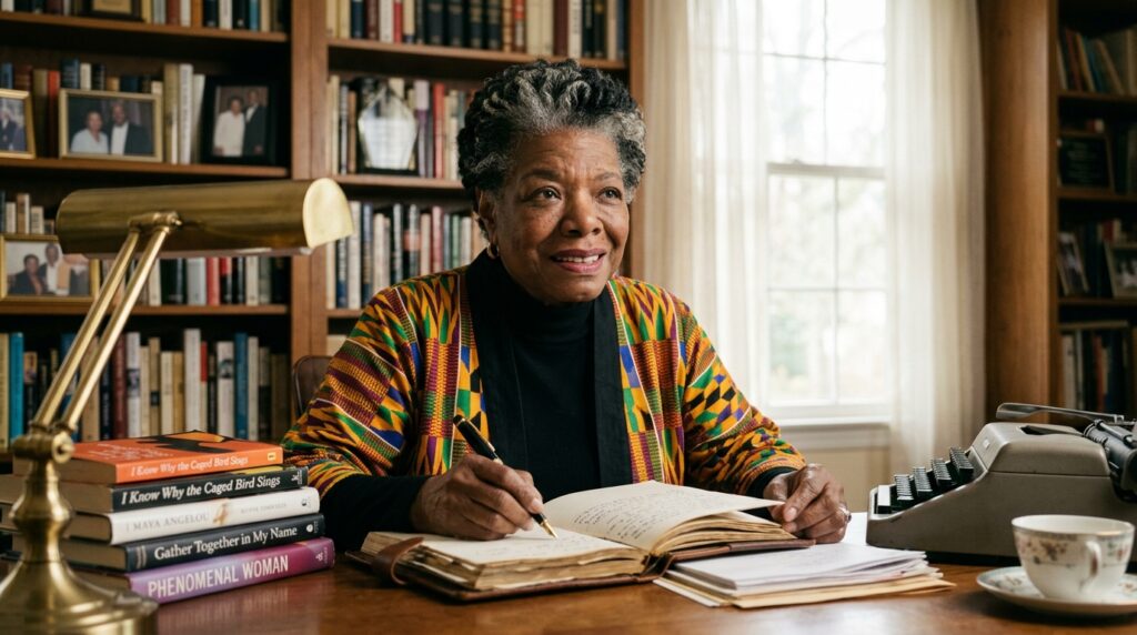 Frase de Maya Angelou no dia: "Há dias em que nem uma vírgula sai perfeita de minha caneta, mas ainda assim coloco uma outra folha na máquina." Uma reflexão sobre imperfeição criativa e persistência em tempos de perfeicionismo