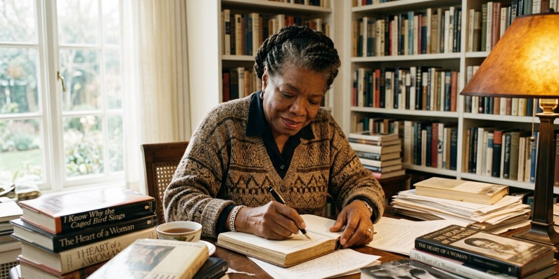 Frase de Maya Angelou no dia: "Há dias em que nem uma vírgula sai perfeita de minha caneta, mas ainda assim coloco uma outra folha na máquina." Uma reflexão sobre imperfeição criativa e persistência em tempos de perfeicionismo