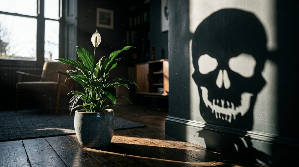 Peace_lily_shadow_skull_202607151704-1024x572 O perigo escondido no seu vaso de lírio-da-paz: basta uma lambida do pet para ele passar mal