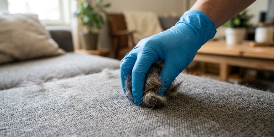 Esqueça o uso de fitas adesivas ou aspiradores de pó barulhentos: o truque da luva de látex úmida que reúne os pelos de pets em blocos e permite uma limpeza rápida e suave do seu sofá
