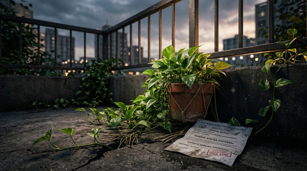 Pothos_plant_escaping_pot_balcony_202607152030-1024x572 A plantinha inofensiva que você ganhou de presente é considerada praga nacional e pode render uma multa ambiental de R$ 10 mil se espalhar