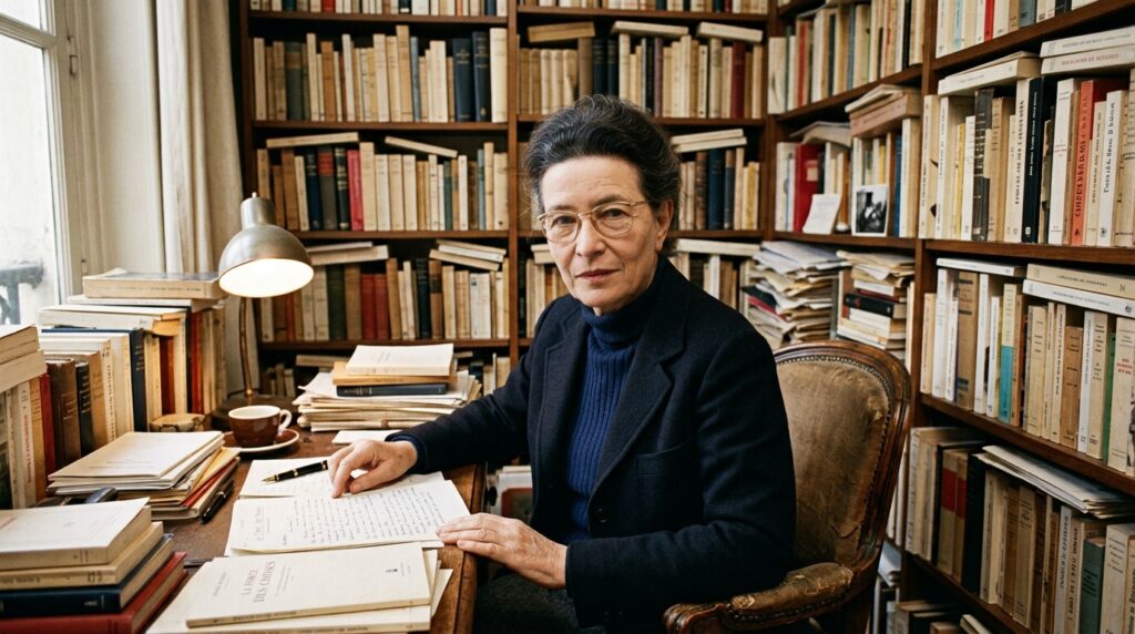 Frase do dia de Simone de Beauvoir, filósofa francesa e existencialista: "Ser mulher não é se tornar uma vítima — é descobrir que você sempre foi livre"