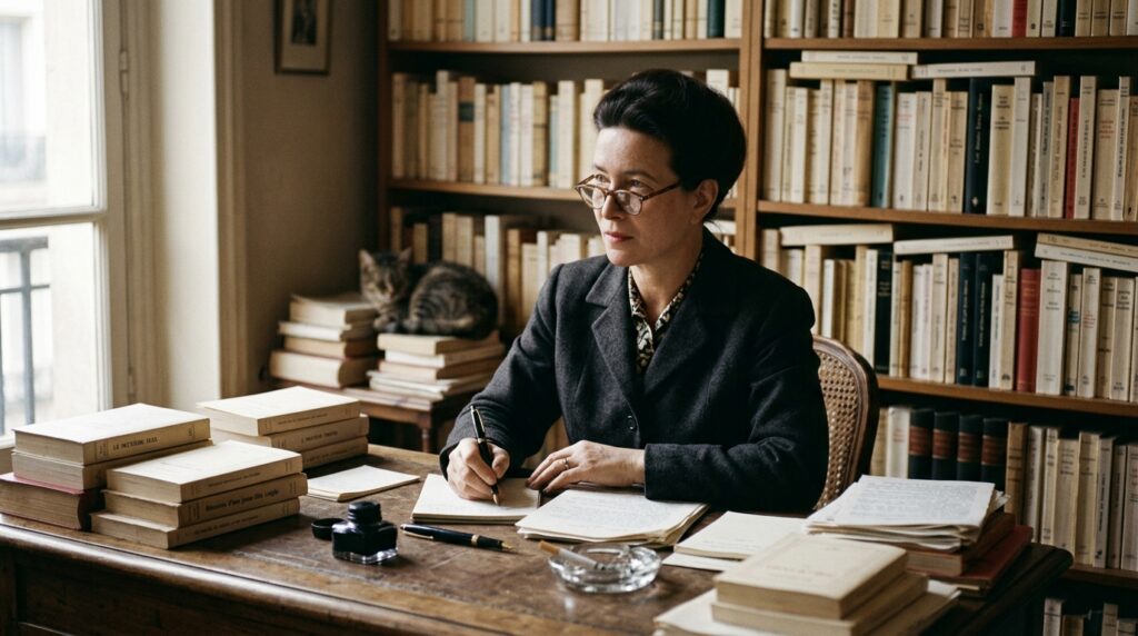 Frase do dia de Simone de Beauvoir, filósofa francesa e existencialista: "Ser mulher não é se tornar uma vítima — é descobrir que você sempre foi livre"