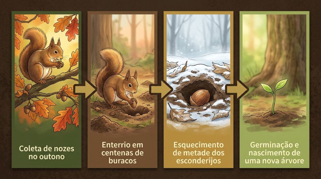 Esquilo enterra milhares de nozes e esquece metade: entenda como nascem florestas