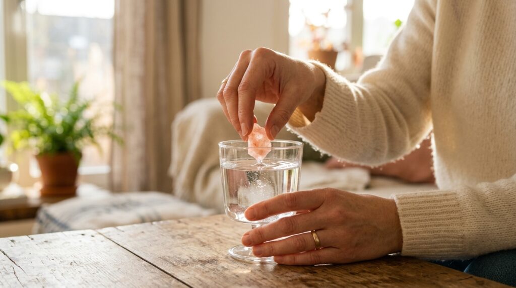 Água com sal rosa no vidro a simpatia utilizada para limpeza de bloqueios energéticos