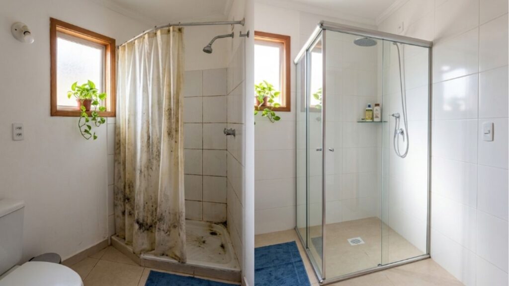 cortinas-de-plastico-2-1024x576 Adeus às cortinas de plástico maleável na área do banho: a tendência minimalista para renovar o banheiro com um pano de vidro temperado fixo até o teto