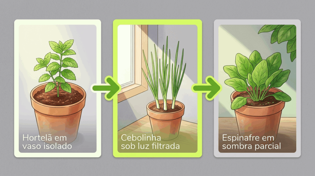 Para horta em apartamento com baixa luminosidade ou espaço reduzido: as plantas que se adaptam bem a vasos e locais com iluminação indireta