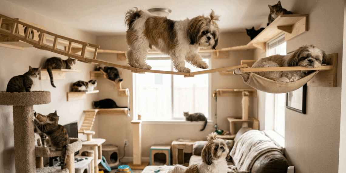 “O playground é meu também!”: shih tzus criadas com dezenas de gatos agem como felinas e sobem até em passarelas