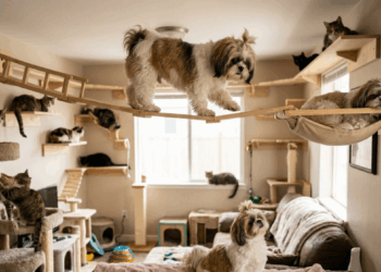 “O playground é meu também!”: shih tzus criadas com dezenas de gatos agem como felinas e sobem até em passarelas