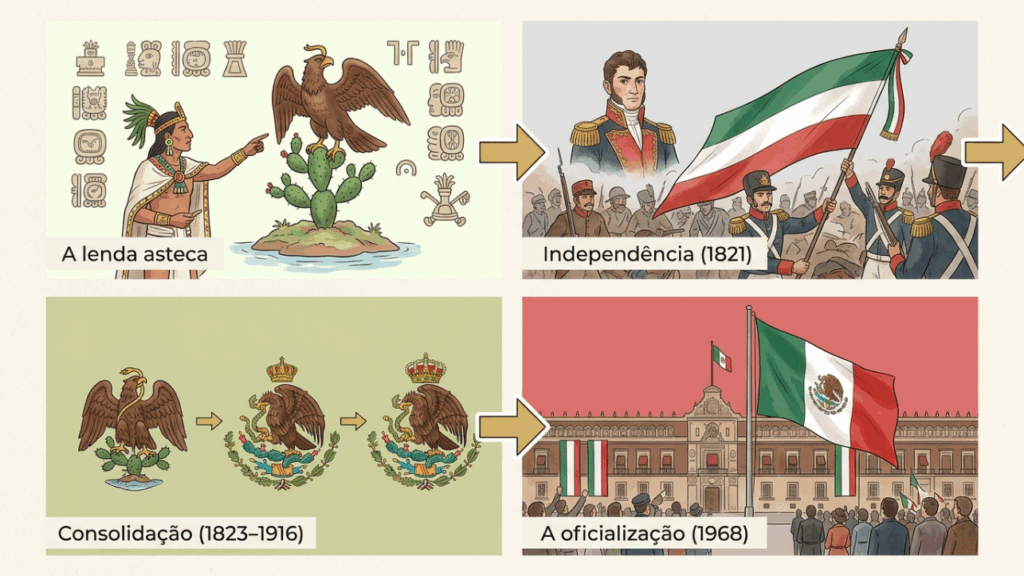 A bandeira do México foi adotada em 1968, mas sua águia e serpente contam uma história de 600 anos