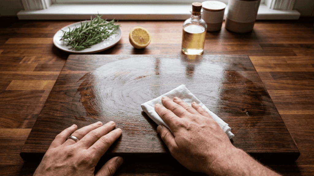 Renovação de tábuas de carne: Adeus às tábuas de madeira com marcas de faca e fungos: o truque infalível de esfregar limão com sal grosso e finalizar com óleo mineral para hidratar a fibra.