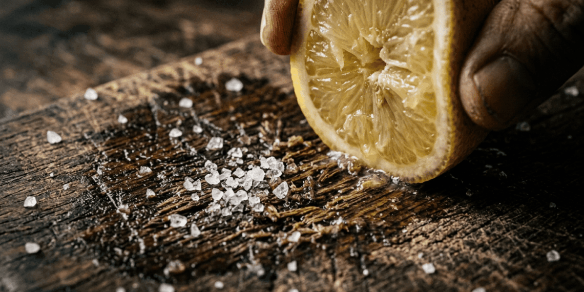 Renovação de tábuas de carne: Adeus às tábuas de madeira com marcas de faca e fungos: o truque infalível de esfregar limão com sal grosso e finalizar com óleo mineral para hidratar a fibra.