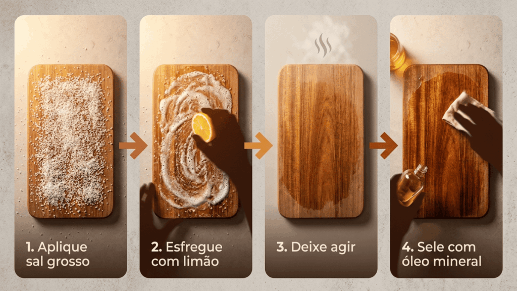 Renovação de tábuas de carne: Adeus às tábuas de madeira com marcas de faca e fungos: o truque infalível de esfregar limão com sal grosso e finalizar com óleo mineral para hidratar a fibra.