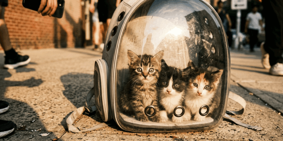 Socorrista encontra mochila abandonada em dia de calor e salva trio de gatinhos por pouco