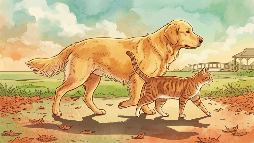 ilustração editorial técnica — soft digital illustration com traço clean de linha fina, aquarela digital vibrante com cores saturadas e vivas, atmosfera entre diagrama anatômico de movimento e arte editorial com alma / a silhueta em movimento de um cão e uma gata caminhando em perfeita sincronia lado a lado como protagonistas absolutos da composição, representados com fidelidade visual ao porte das duas espécies / composição sangrada: o desenho ocupa toda a área sem margens, chegando até as bordas da imagem / ângulo chamativo e inusitado: perspectiva isométrica levemente inclinada de perfil que revela o alinhamento da caminhada e a biomecânica das passadas / iluminação implícita e expressiva no traço: reflexo dourado com brilho real nos contornos, gradiente de calor ocre, luz natural de ambiente externo, sombra com peso no solo, a luz tem cor e temperatura, não é neutra / paleta do tema detectado com 3–4 cores dominantes saturadas: ocre dourado, terracota e verde-grama / ambientação rica ao redor: céu com cor e nuvens leves, terreno com textura de parque e folhas secas, elementos do entorno que respiram e situam os animais no mundo real — linha do horizonte, vegetação rasteira, estrutura de parque ao fundo, chão com sombra projetada / traço com personalidade técnica e artística: preciso nos detalhes estruturais dos corpos, expressivo no ambiente e na luz / sem texto visível, sem fundo liso sem textura, sem traço digital genérico de stock / 16:9, composição sangrada sem margens, alta qualidade ilustrativa
