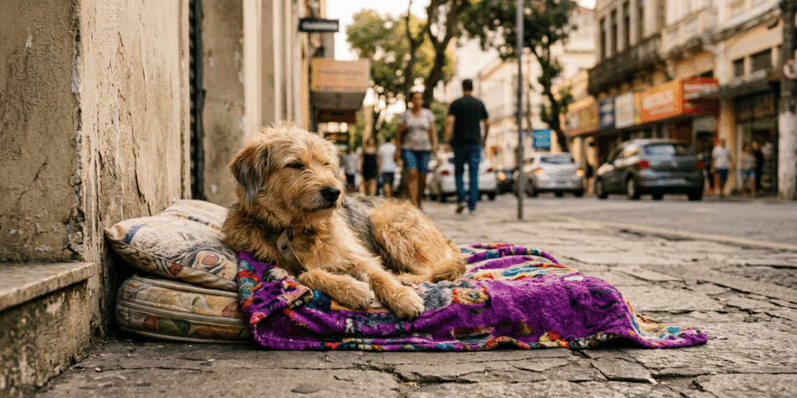 Cachorro abandonado recebe carinho e conforto enquanto espera por um lar definitivo