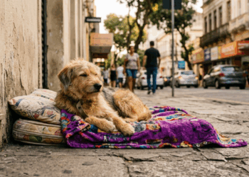 Cachorro abandonado recebe carinho e conforto enquanto espera por um lar definitivo