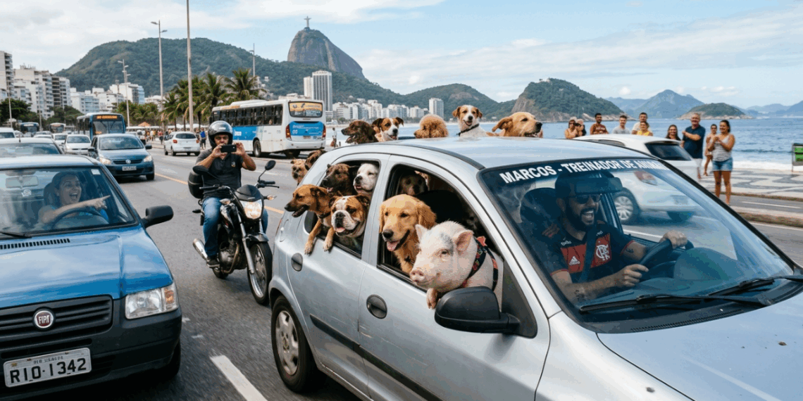Cena inusitada no Rio: adestrador leva porco e mais de 10 cães em Celta e surpreende motoristas