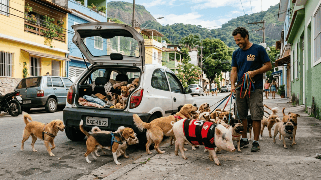 Cena inusitada no Rio: adestrador leva porco e mais de 10 cães em Celta e surpreende motoristas
