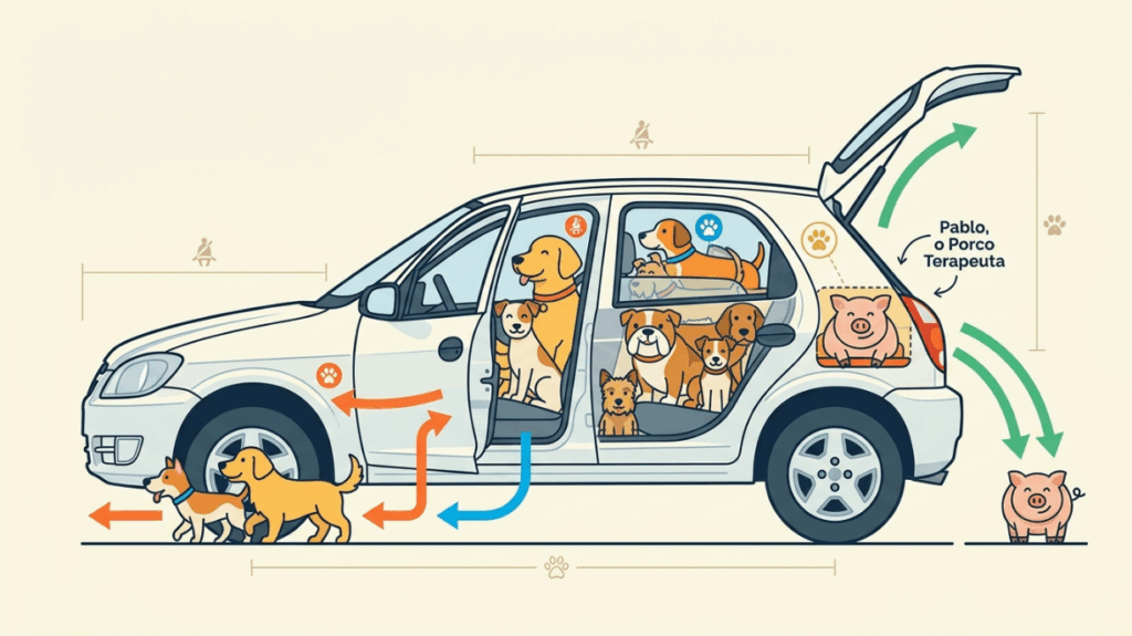 Cena inusitada no Rio: adestrador leva porco e mais de 10 cães em Celta e surpreende motoristas