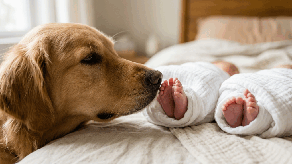 Irmão mais velho de quatro patas: como o golden Scott reagiu à chegada de gêmeos em casa