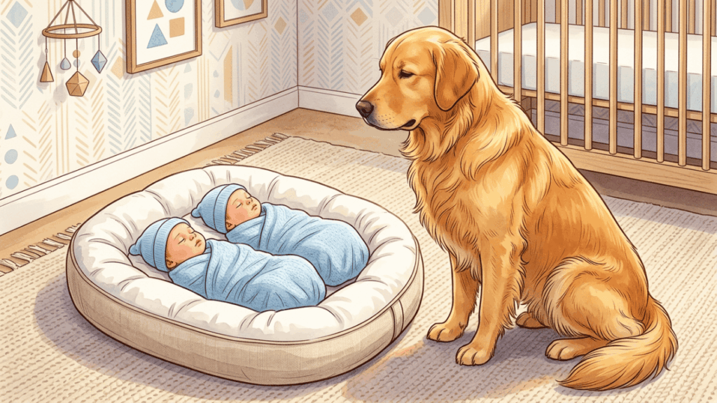 Irmão mais velho de quatro patas: como o golden Scott reagiu à chegada de gêmeos em casa