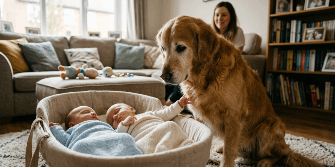 Irmão mais velho de quatro patas: como o golden Scott reagiu à chegada de gêmeos em casa