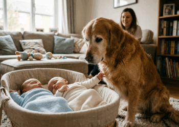 Irmão mais velho de quatro patas: como o golden Scott reagiu à chegada de gêmeos em casa