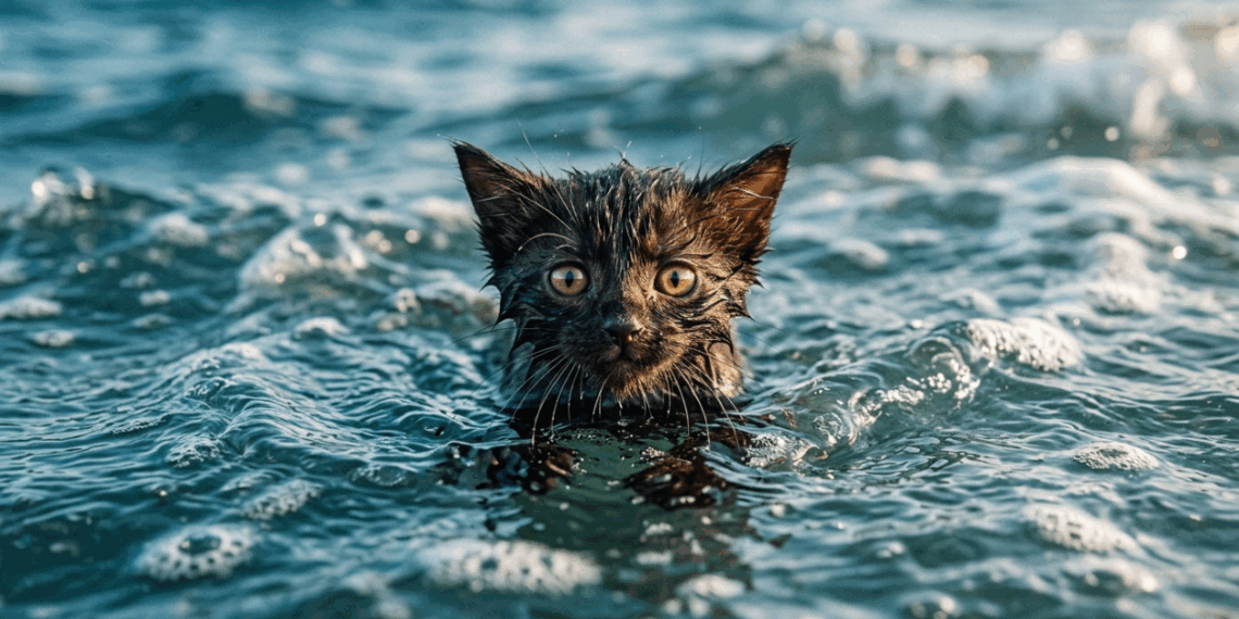 Casal avista ponto escuro na água e homem se joga no mar para salvar vida de gatinho