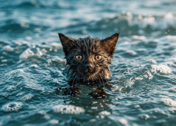 Casal avista ponto escuro na água e homem se joga no mar para salvar vida de gatinho