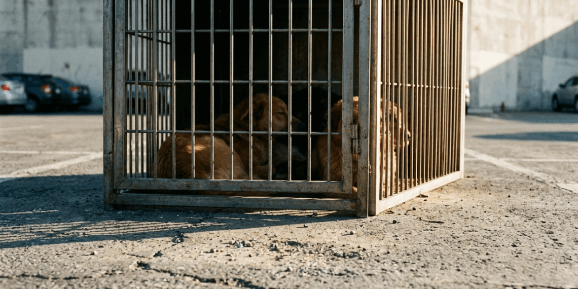 Cena emocionante: Filhote caramelo protege gato com a pata após serem abandonados em gaiola
