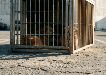 Cena emocionante: Filhote caramelo protege gato com a pata após serem abandonados em gaiola