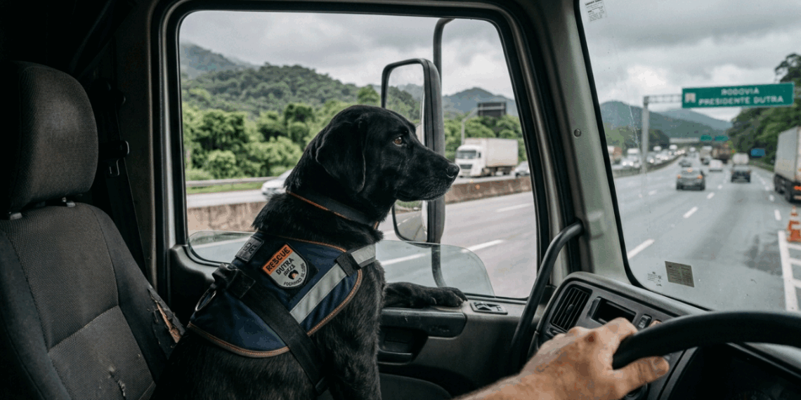 Cena emocionante: Caminhoneiro para o veículo em rodovia para salvar cadela deixada à própria sorte