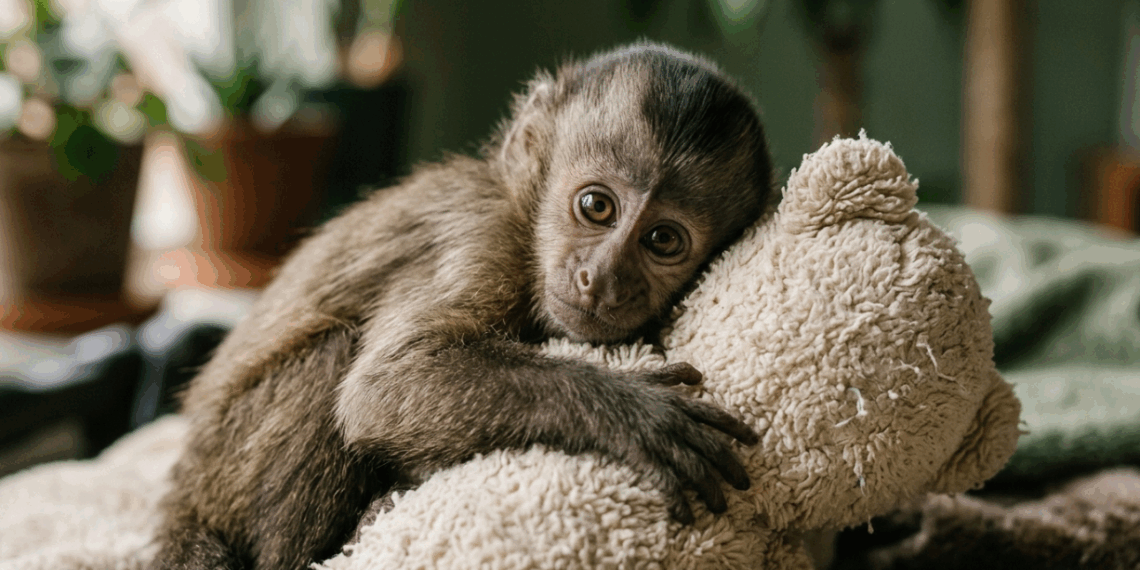 O abraço da sobrevivência: Filhote de macaco órfão ganha pelúcia para se acalmar
