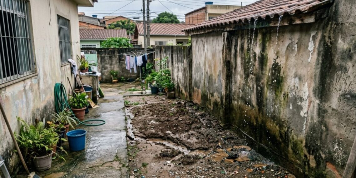 Um vizinho constrói um telhado sem calha que despeja toda a água da chuva diretamente no terreno ao lado, causando alagamento e erosão, e é condenado a refazer a obra e indenizar os prejuízos com base nas regras de águas do Código Civil