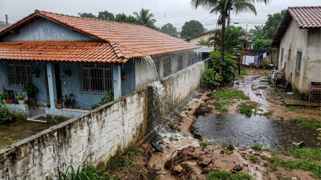 Um vizinho constrói um telhado sem calha que despeja toda a água da chuva diretamente no terreno ao lado, causando alagamento e erosão, e é condenado a refazer a obra e indenizar os prejuízos com base nas regras de águas do Código Civil