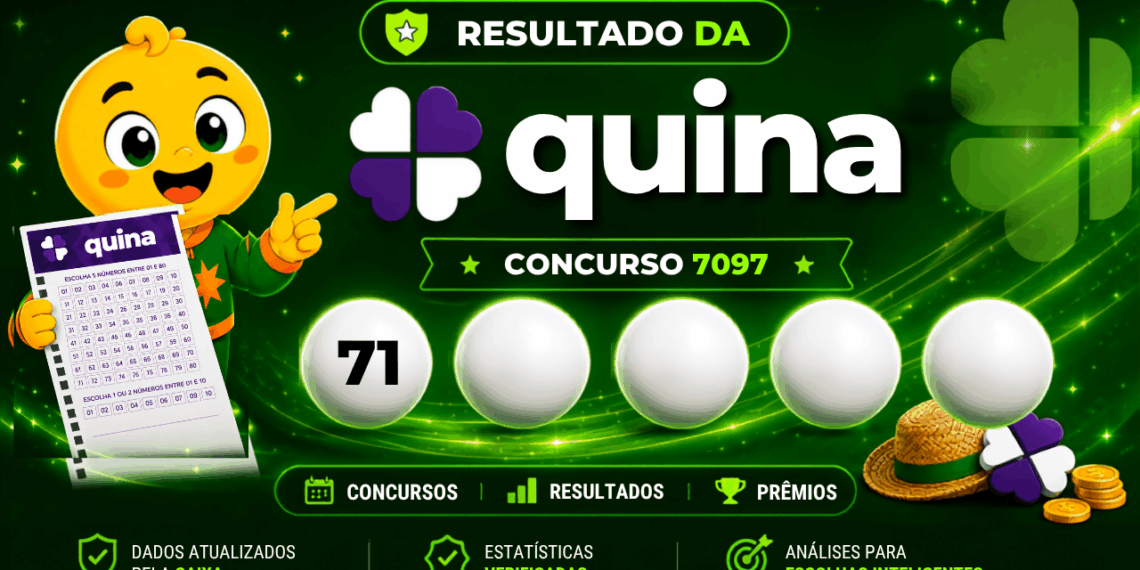 Resultado da Quina concurso 7097 com mascote e bolas numeradas do sorteio