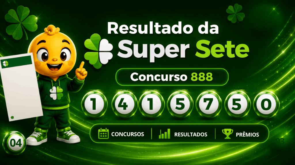 Resultado do Super Sete concurso 888 com mascote e colunas numeradas do sorteio