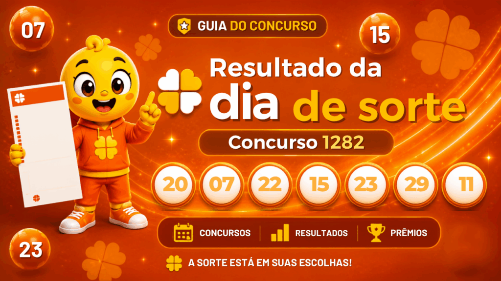 Resultado do Dia de Sorte concurso 1282 com mascote, bolas numeradas e o Mês da Sorte