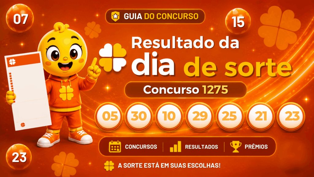 Capa do guia do Dia de Sorte com mascote segurando o volante da modalidade e bolas numeradas ao fundo