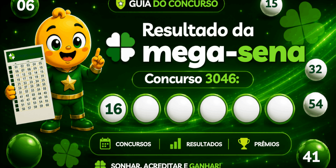 Capa do guia da Mega-Sena com mascote segurando o volante da modalidade e bolas numeradas ao fundo