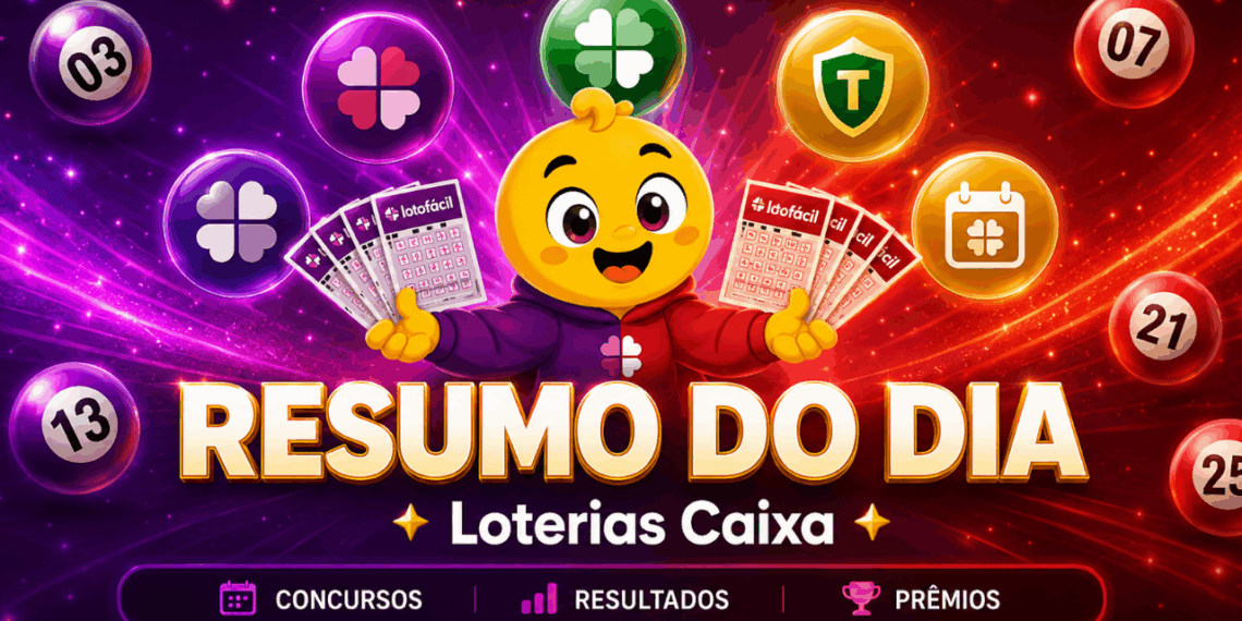 Mascote apresentando o resumo diário das loterias Caixa, com ícones das principais modalidades